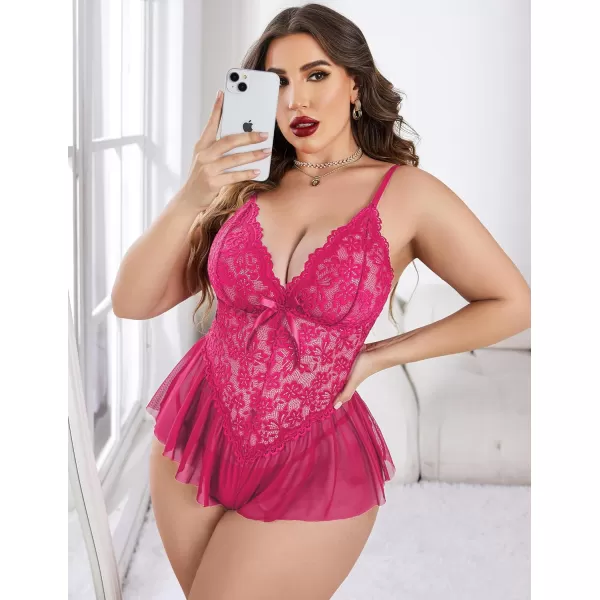 Avidlove Plus Size Women Lingerie Bodysuit Sexy Lace Teddy One Piece Babydoll Chemise L4XLRose Red