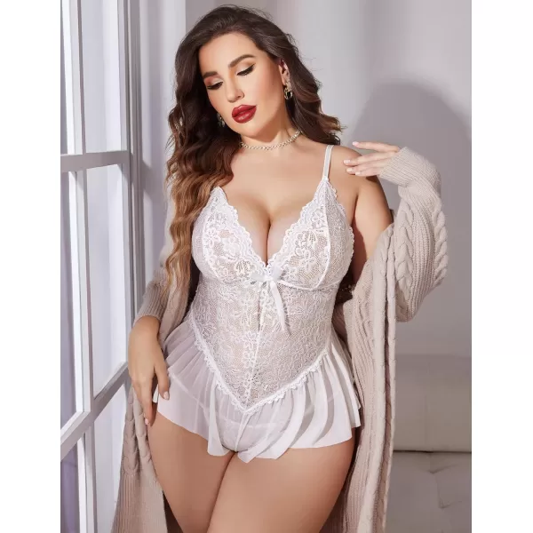 Avidlove Plus Size Women Lingerie Bodysuit Sexy Lace Teddy One Piece Babydoll Chemise L4XLWhite