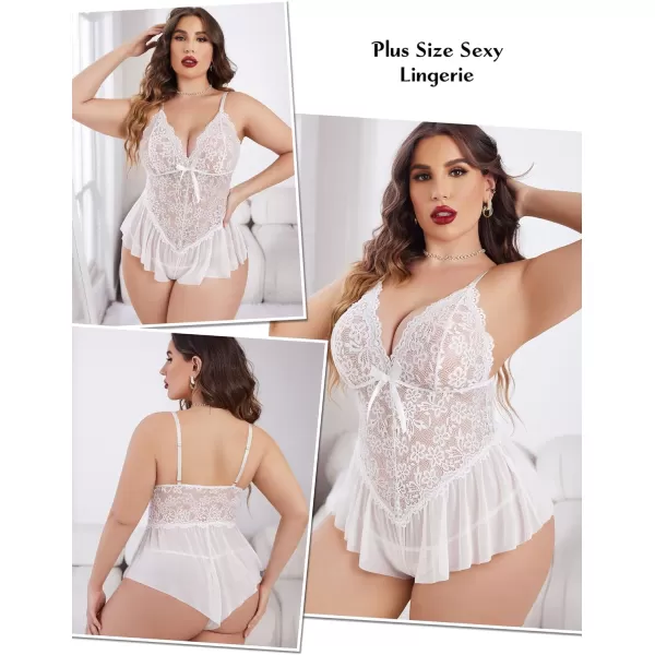 Avidlove Plus Size Women Lingerie Bodysuit Sexy Lace Teddy One Piece Babydoll Chemise L4XLWhite