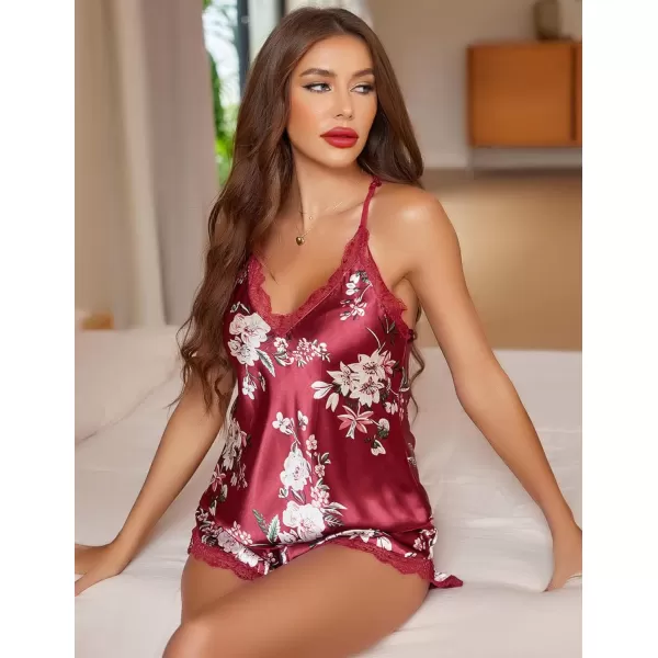 Avidlove Satin Pajamas Set Sleepwear Womens Sexy Lingerie Cami Shorts Set Nightwear SXXLWine Red Flowers