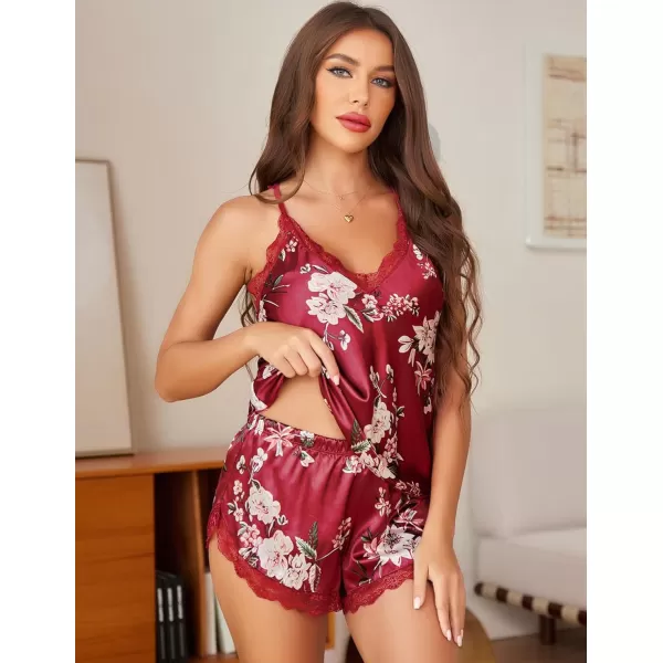 Avidlove Satin Pajamas Set Sleepwear Womens Sexy Lingerie Cami Shorts Set Nightwear SXXLWine Red Flowers