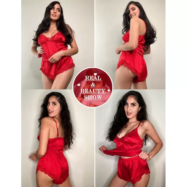 Avidlove Satin Pajamas Set Womens Lace Sleepwear Sexy Lingerie Cami Shorts Set SXXL1red