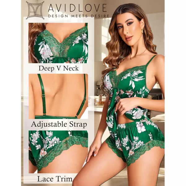 Avidlove Satin Pajamas Set Womens Lace Sleepwear Sexy Lingerie Cami Shorts Set SXXLGreen Floral