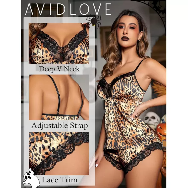 Avidlove Satin Pajamas Set Womens Lace Sleepwear Sexy Lingerie Cami Shorts Set SXXLLeopard Print