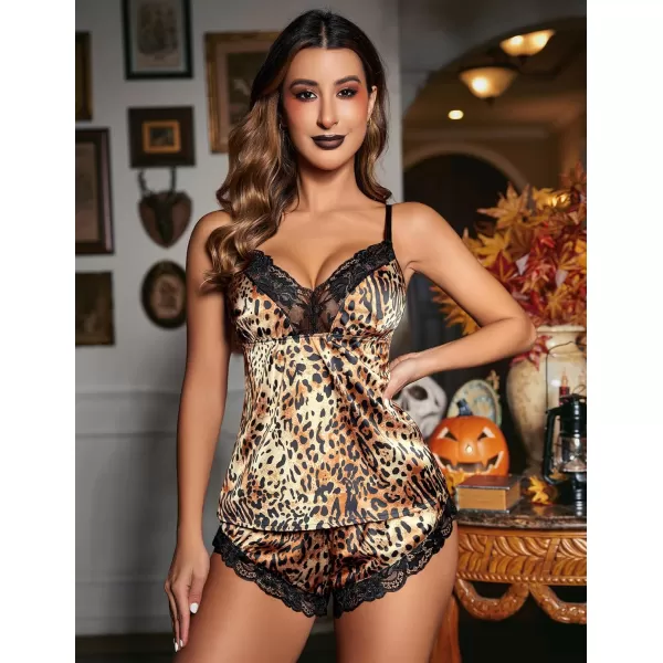 Avidlove Satin Pajamas Set Womens Lace Sleepwear Sexy Lingerie Cami Shorts Set SXXLLeopard Print