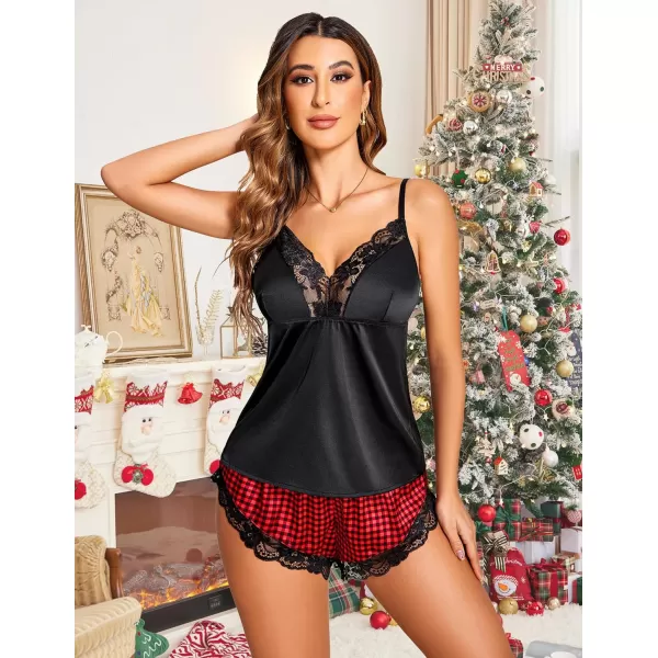 Avidlove Satin Pajamas Set Womens Lace Sleepwear Sexy Lingerie Cami Shorts Set SXXLRed Plaid