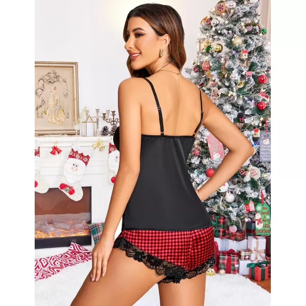 Avidlove Satin Pajamas Set Womens Lace Sleepwear Sexy Lingerie Cami Shorts Set SXXLRed Plaid