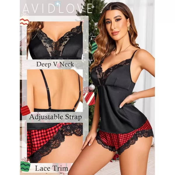 Avidlove Satin Pajamas Set Womens Lace Sleepwear Sexy Lingerie Cami Shorts Set SXXLRed Plaid