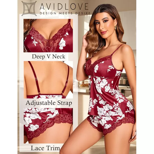 Avidlove Satin Pajamas Set Womens Lace Sleepwear Sexy Lingerie Cami Shorts Set SXXLWine Red Floral