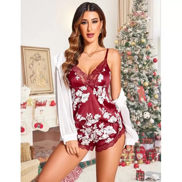 Avidlove Satin Pajamas Set Womens Lace Sleepwear Sexy Lingerie Cami Shorts Set SXXLWine Red Floral