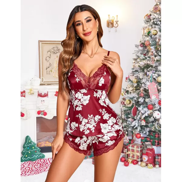 Avidlove Satin Pajamas Set Womens Lace Sleepwear Sexy Lingerie Cami Shorts Set SXXLWine Red Floral