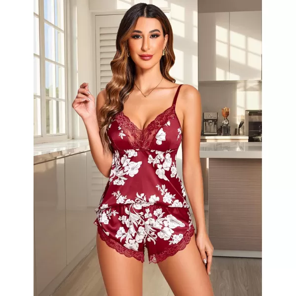 Avidlove Satin Pajamas Set Womens Lace Sleepwear Sexy Lingerie Cami Shorts Set SXXLWine Red Floral