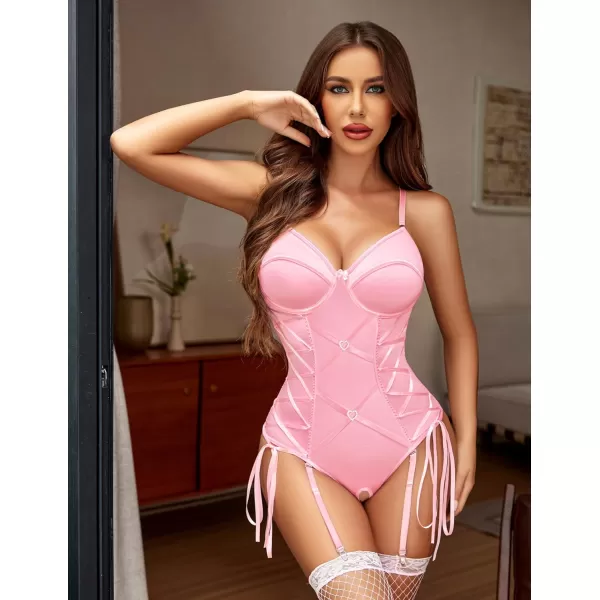 Avidlove Sexy Corset Lingerie for Women Garter Lingerie Set Tummy Control Teddy Bodysuit Boudoir OutfitPink