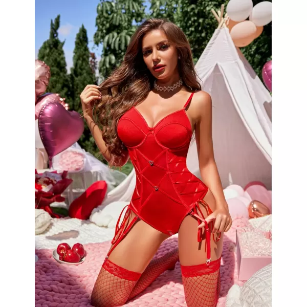 Avidlove Sexy Corset Lingerie for Women Garter Lingerie Set Tummy Control Teddy Bodysuit Boudoir OutfitRed