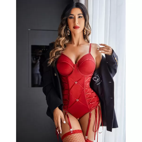 Avidlove Sexy Corset Lingerie for Women Garter Lingerie Set Tummy Control Teddy Bodysuit Boudoir OutfitWine Red