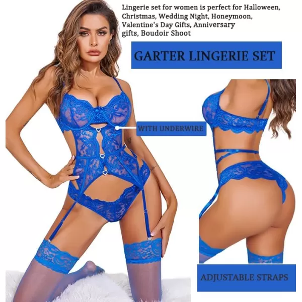 Avidlove Sexy Garter Lingerie Set for Women Lace Bodysuit Cut Out Rhinestone Underwire Teddy with PantyNo stockingsBlue