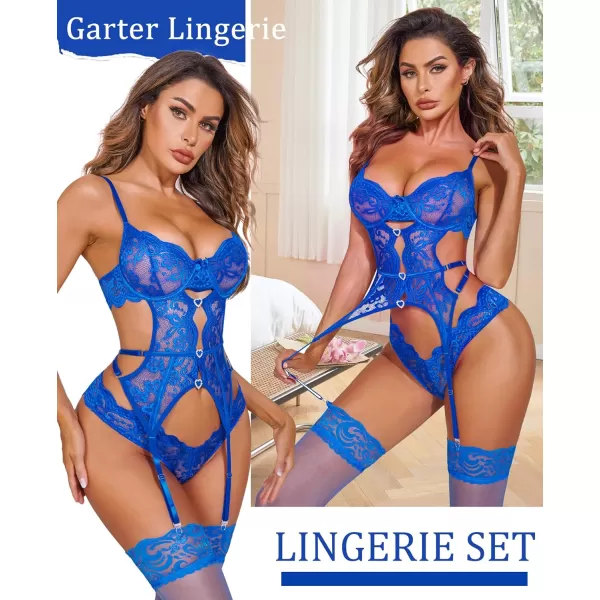 Avidlove Sexy Garter Lingerie Set for Women Lace Bodysuit Cut Out Rhinestone Underwire Teddy with PantyNo stockingsBlue