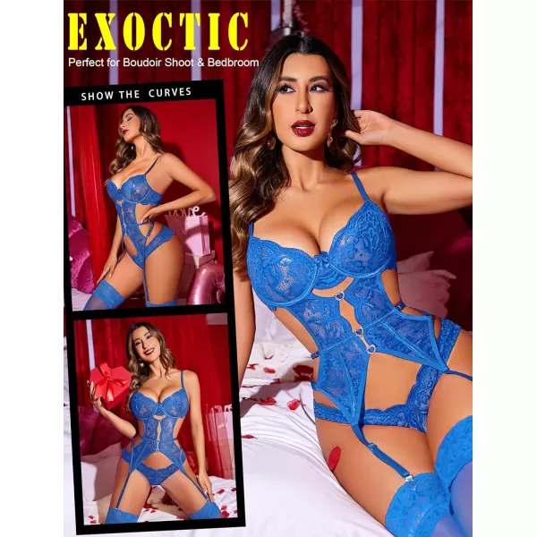 Avidlove Sexy Garter Lingerie Set for Women Lace Bodysuit Cut Out Rhinestone Underwire Teddy with PantyNo stockingsBlue