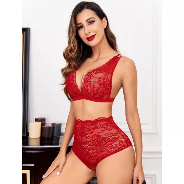 Avidlove Sexy Lingerie for Women High Waist Bra and Panty Set Strappy Babydoll BodysuitCarmine Red