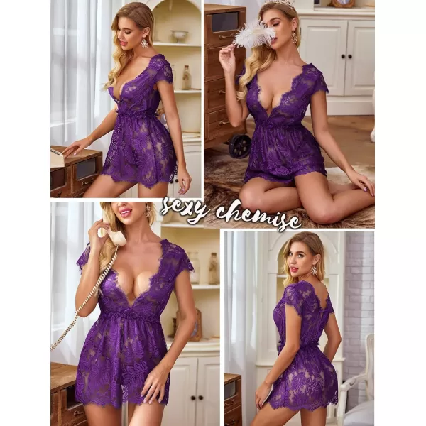 Avidlove Sexy Lingerie for Women Lace Babydoll Chemise Mesh Eyelash Lace Babydoll LingeriePurple