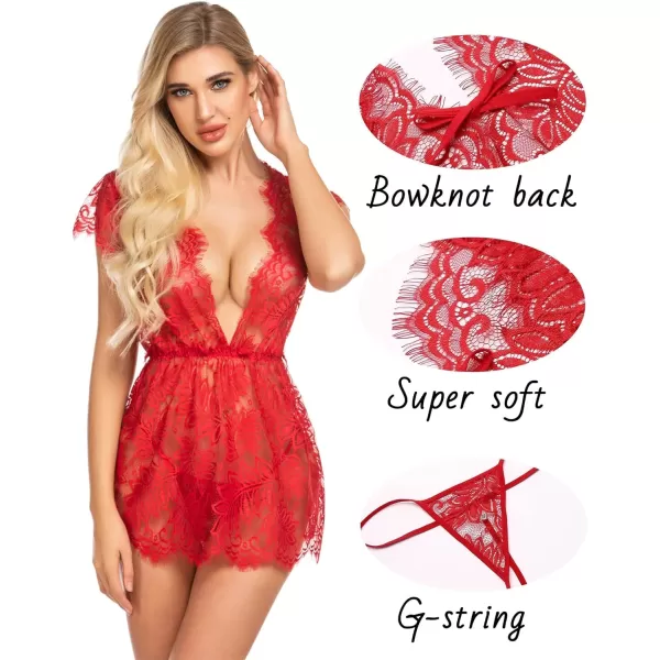 Avidlove Sexy Lingerie for Women Lace Babydoll Chemise Mesh Eyelash Lace Babydoll LingerieRed