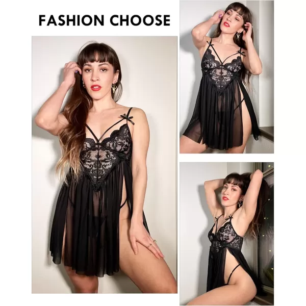 Avidlove Sexy Lingerie for Women Lace Babydoll Strap Chemise Nightgown V Neck Sleepwear Mesh Side Slit NightyBlack