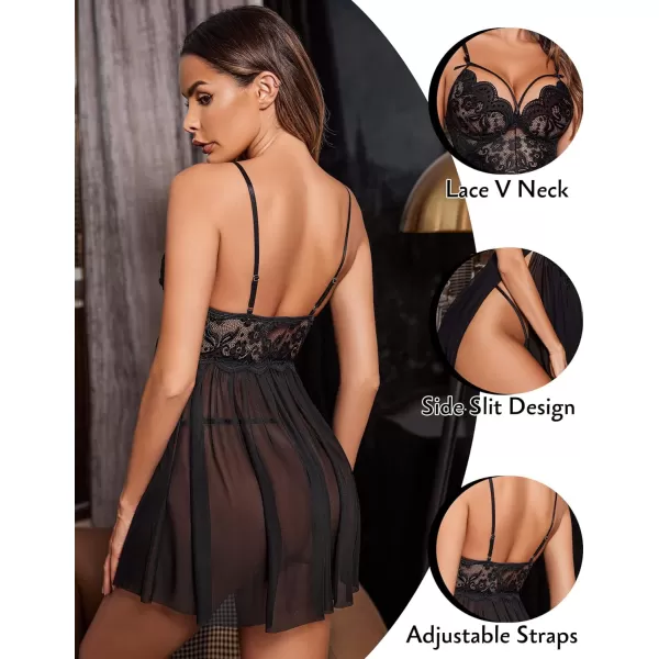 Avidlove Sexy Lingerie for Women Lace Babydoll Strap Chemise Nightgown V Neck Sleepwear Mesh Side Slit NightyBlack