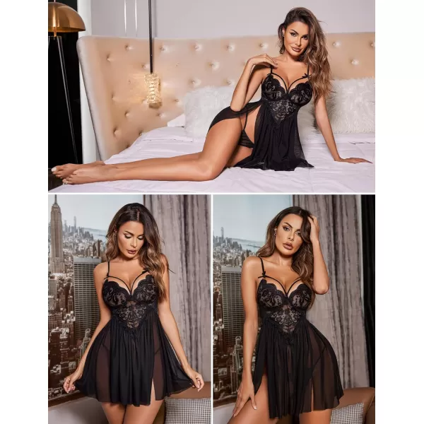 Avidlove Sexy Lingerie for Women Lace Babydoll Strap Chemise Nightgown V Neck Sleepwear Mesh Side Slit NightyBlack