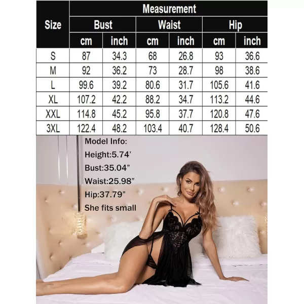 Avidlove Sexy Lingerie for Women Lace Babydoll Strap Chemise Nightgown V Neck Sleepwear Mesh Side Slit NightyBlack