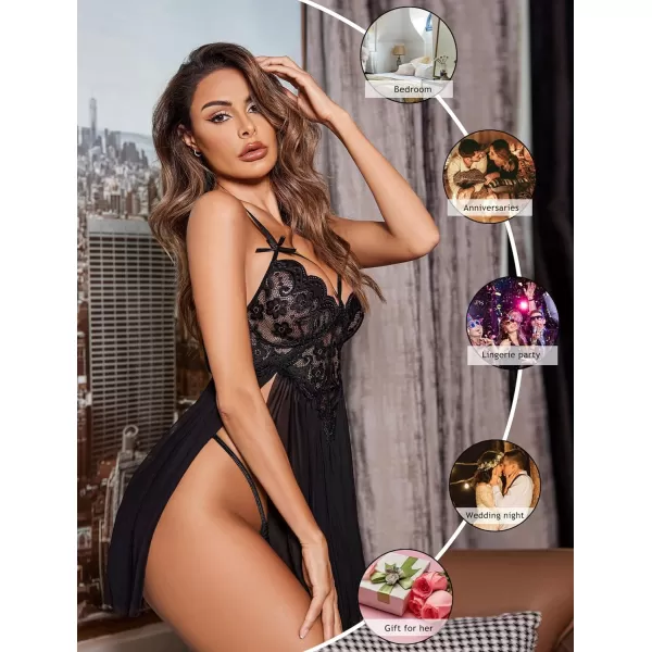 Avidlove Sexy Lingerie for Women Lace Babydoll Strap Chemise Nightgown V Neck Sleepwear Mesh Side Slit NightyBlack