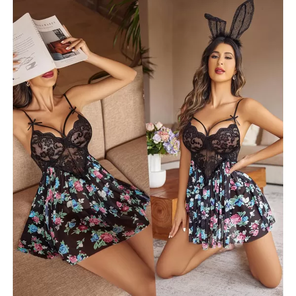 Avidlove Sexy Lingerie for Women Lace Babydoll Strap Chemise Nightgown V Neck Sleepwear Mesh Side Slit NightyBlack Floral