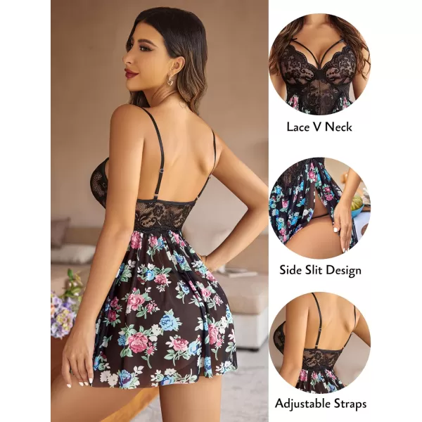 Avidlove Sexy Lingerie for Women Lace Babydoll Strap Chemise Nightgown V Neck Sleepwear Mesh Side Slit NightyBlack Floral