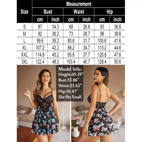 Avidlove Sexy Lingerie for Women Lace Babydoll Strap Chemise Nightgown V Neck Sleepwear Mesh Side Slit NightyBlack Floral