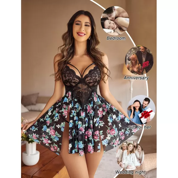 Avidlove Sexy Lingerie for Women Lace Babydoll Strap Chemise Nightgown V Neck Sleepwear Mesh Side Slit NightyBlack Floral