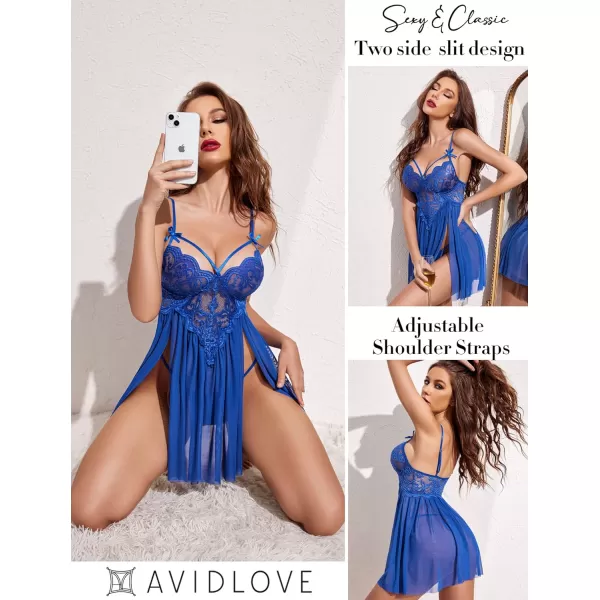 Avidlove Sexy Lingerie for Women Lace Babydoll Strap Chemise Nightgown V Neck Sleepwear Mesh Side Slit NightyBlue