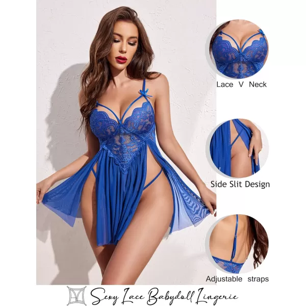 Avidlove Sexy Lingerie for Women Lace Babydoll Strap Chemise Nightgown V Neck Sleepwear Mesh Side Slit NightyBlue