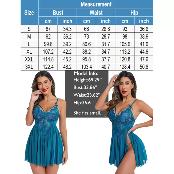 Avidlove Sexy Lingerie for Women Lace Babydoll Strap Chemise Nightgown V Neck Sleepwear Mesh Side Slit NightyBlue Green