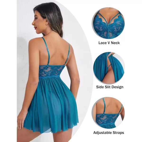 Avidlove Sexy Lingerie for Women Lace Babydoll Strap Chemise Nightgown V Neck Sleepwear Mesh Side Slit NightyBlue Green