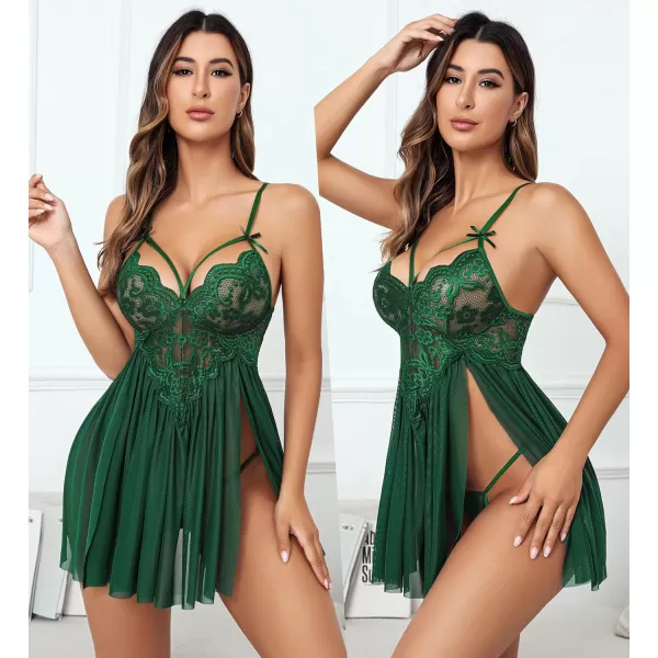 Avidlove Sexy Lingerie for Women Lace Babydoll Strap Chemise Nightgown V Neck Sleepwear Mesh Side Slit NightyGreen