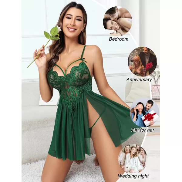 Avidlove Sexy Lingerie for Women Lace Babydoll Strap Chemise Nightgown V Neck Sleepwear Mesh Side Slit NightyGreen