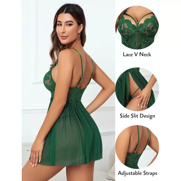 Avidlove Sexy Lingerie for Women Lace Babydoll Strap Chemise Nightgown V Neck Sleepwear Mesh Side Slit NightyGreen