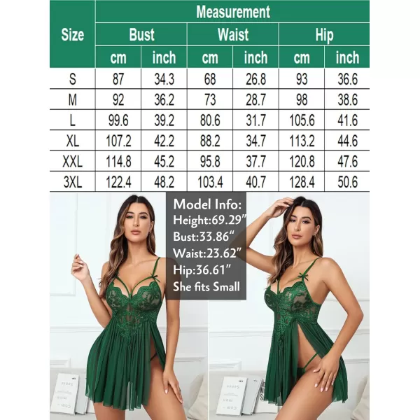 Avidlove Sexy Lingerie for Women Lace Babydoll Strap Chemise Nightgown V Neck Sleepwear Mesh Side Slit NightyGreen