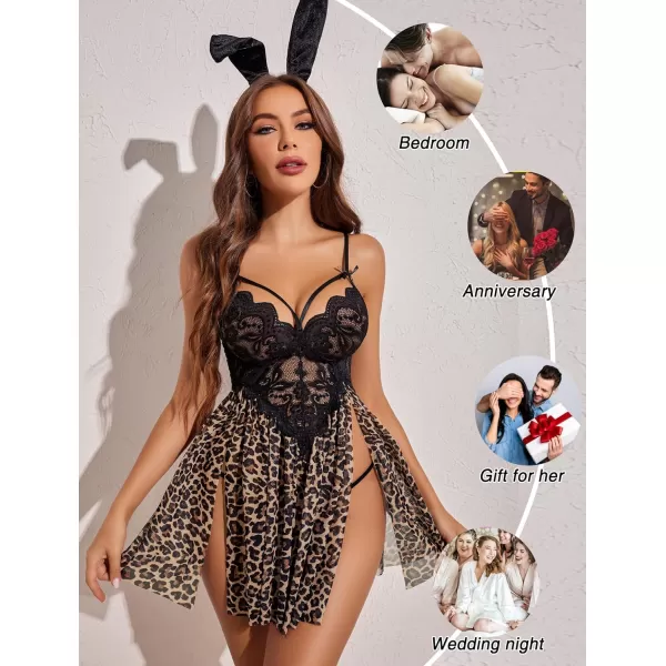 Avidlove Sexy Lingerie for Women Lace Babydoll Strap Chemise Nightgown V Neck Sleepwear Mesh Side Slit NightyLeopard