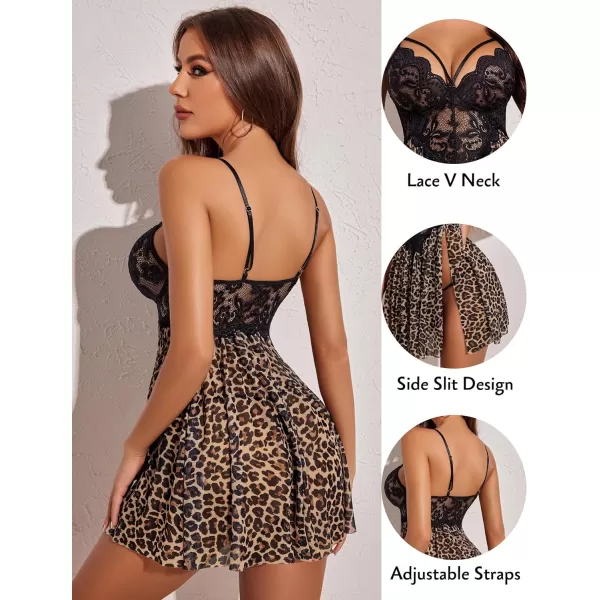 Avidlove Sexy Lingerie for Women Lace Babydoll Strap Chemise Nightgown V Neck Sleepwear Mesh Side Slit NightyLeopard