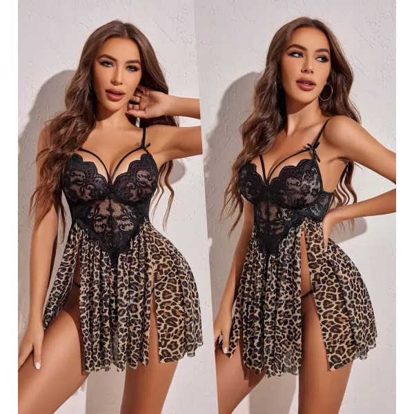 Avidlove Sexy Lingerie for Women Lace Babydoll Strap Chemise Nightgown V Neck Sleepwear Mesh Side Slit NightyLeopard