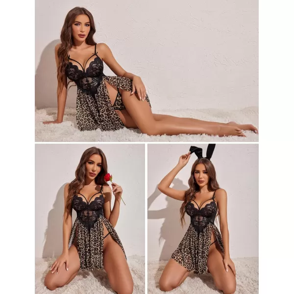 Avidlove Sexy Lingerie for Women Lace Babydoll Strap Chemise Nightgown V Neck Sleepwear Mesh Side Slit NightyLeopard