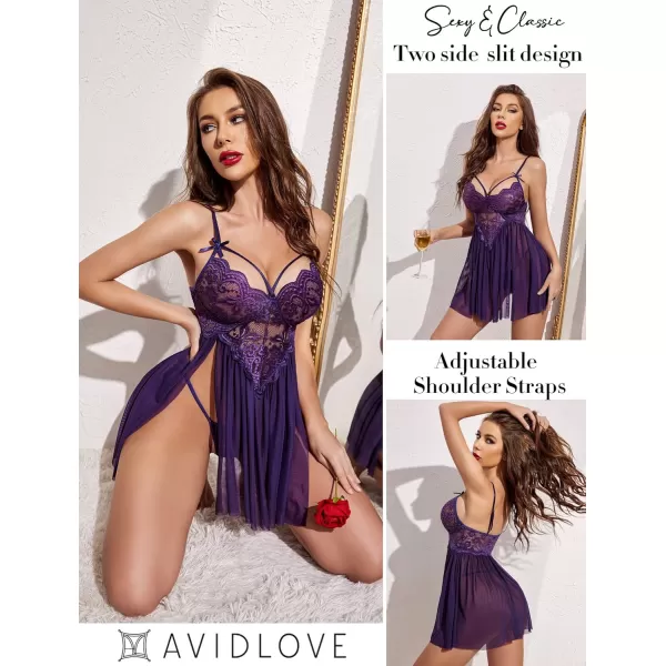 Avidlove Sexy Lingerie for Women Lace Babydoll Strap Chemise Nightgown V Neck Sleepwear Mesh Side Slit NightyPurple