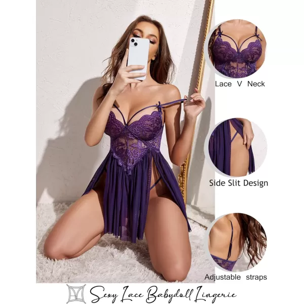 Avidlove Sexy Lingerie for Women Lace Babydoll Strap Chemise Nightgown V Neck Sleepwear Mesh Side Slit NightyPurple