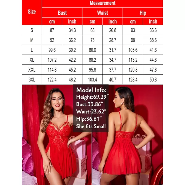 Avidlove Sexy Lingerie for Women Lace Babydoll Strap Chemise Nightgown V Neck Sleepwear Mesh Side Slit NightyRed