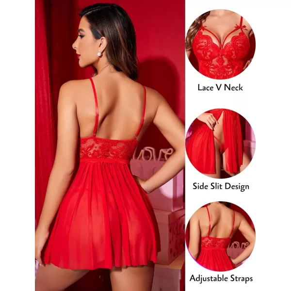 Avidlove Sexy Lingerie for Women Lace Babydoll Strap Chemise Nightgown V Neck Sleepwear Mesh Side Slit NightyRed